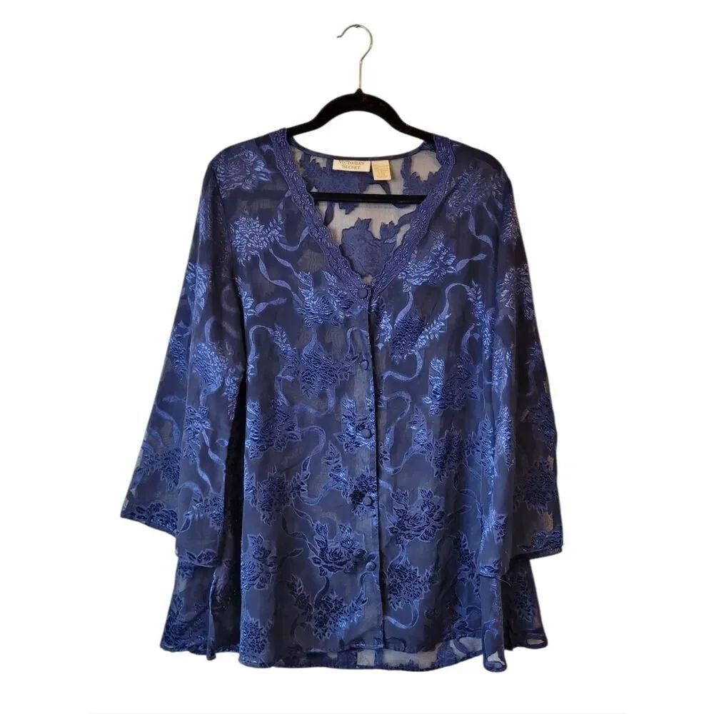 Vintage Victoria's Secret Gold Label Blue Floral Sheer Night Shirt Women's SZ PS - Picture 1 of 7